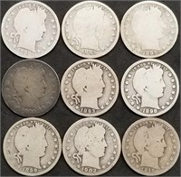 9 Barber Silver Quarters incl. Earlier Dates