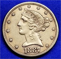 1887-S US $5 Gold Liberty Half Eagle Nice
