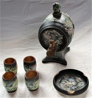 6 Pc Satsuma Moriage Dragonware Porcelain Saki Set