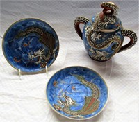 3 Pc Chukyo Satsuma Moriage Dragonware Porcelain