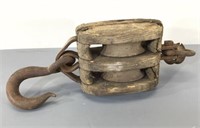 Large Antique Wood Pulley Block -2 Wheels