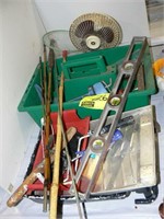 FAN, OLD FLY ROD, HAND TOOLS IN GREEN CADDY,