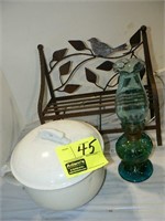 METAL PLANT BENCH, OIL LAMP, ANTIQUE MEAKIN