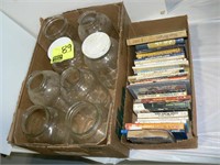 8 GLASS JARS, FLAT OF OLD BOOKS