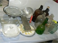 OLD BOTTLES, STAINLESS CAKE STAND, CASSEROLES,
