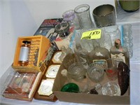 MIRRO COOKIE PRESS, CHEESE TRAY, OLD BOTTLES,