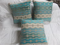 (3) TEAL, TAUPE AND WHITE ACCENT PILLOWS 18 X 18