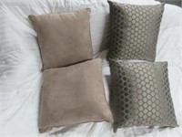 (4) SUEDE TAUPE AND GEOMETRIC PILLOWS 19" X 19"