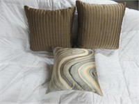(3) PLEATED TAUPE AND GEOMETRIC SATIN PILLOWS