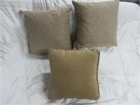 (3) TAUPE AND GOLD ACCENT PILLOWS 19" X 19"