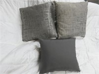 (3) METALLIC GRAY AND SOLID GRAY ACCENT PILLOWS