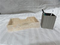 NATURAL STONE DESK TOP TRAY AND PEN HOLDER