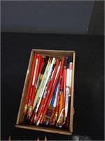Box of advertisement pencils and pens