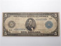 Lg Size 1914 US Lincoln $5 Dollar Bill