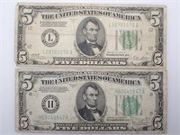 2 - 1928B & 1934C $5 Dollar Bills