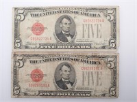 2 - 1928E US Red Seal $5 Dollar Bills