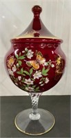 Large Hand Painted Red Glass Covered Compote