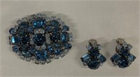 Blue Rhinestone Brooch and Clip Earrings