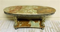 Ornate Brass Dolphin Supported Onyx Coffee Table.