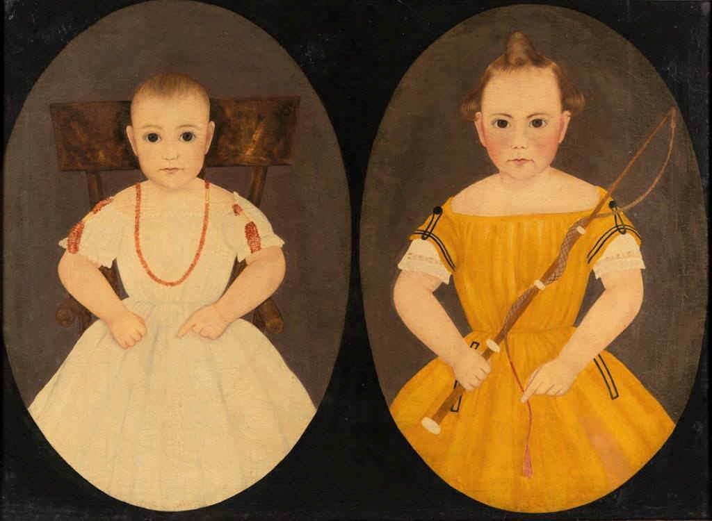 Important John James Trumbull Arnold (1812-1865) folk art oil on canvas double portrait of the Parsons children of Piedmont, VA (now WV), newly discovered, fresh to the market from the collection of Dan Wagoner, Romney, WV.