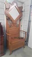 ANTIQUE HEAVILY CARVED OAK HALL SEAT