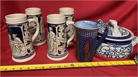 Lot of 4 German mugs and 2 pottery pieces