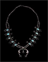Navajo Sandcast Silver & Turquoise Squash Necklace
