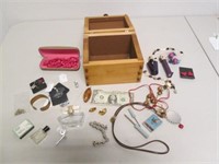 Wooden Jewelry Box w/ Jewelry & Misc Smalls