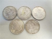 5 Morgan Silver Dollars - 1880-O, 1878-S, 1921-D