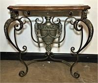 Scrolled Metal Leather Top Hall Table