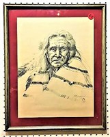 American Indian Framed Etching by Mary