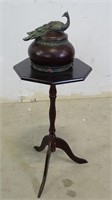 (1) Small Dark Wood Side Table & (1) Peacock Bowl