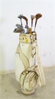 Vintage Set of Golf Clubs in White Leather Bag
