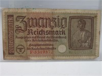 Vintage Nazi / Third Reich 20 Mark Currency Bill
