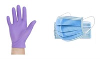 50 pack of masks, and 100 purple nitrile gloves