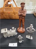 PEWTER FIGURES, BANK & RED MILL CARVED POLICEMAN