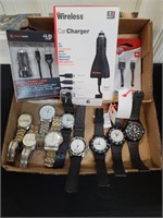 NINE MENS WATCHES & NEW USB & PHONE CHARGERS