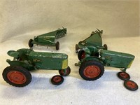 2) Metal Oliver NF tractors and 2) Oliver rakes