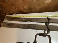 Antique 4' wooden skies bit and brace