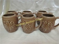 Lot of 6 Art Pottery Tavern Scene Mugs in Brown