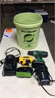 Hitachi and Dewalt power drills in bucket