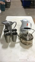 Aluminum pitcher and glasses,  carafe and kettle