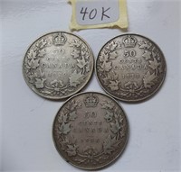 3 SILVER 50 cent coins -1913,1920,1936