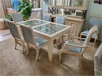 GLASSTOP DINING TABLE AND 8 CHAIRS, 2 LEAVES