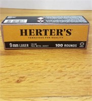 100 ROUNDS OF HERTERS 9MM LUGER 115 GRAIN FMJ