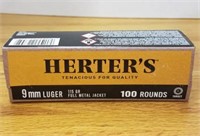 100 ROUNDS OF HERTERS 9MM LUGER 115 GRAIN FMJ