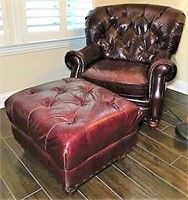 Burgundy Leather Easy Chair & Foot Stool