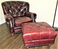 Burgundy Leather Easy Chair & Foot Stool