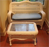 PLASTIC WICKER LOVE SEAT & TABLE