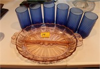 PINK DIVIDED DISH & 6 BLUE GLASSES